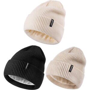 Women Black+white+beige 3-Pack Winter Beanie Hats Fleece Lined Warm SkullCaps